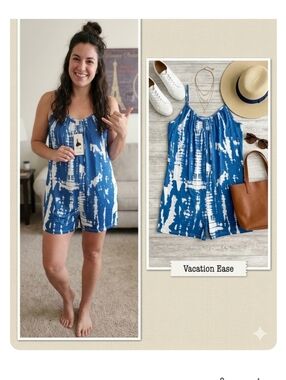 **Blue and White Tie-Dye Romper Pit 20 Fits SML With Pockets
